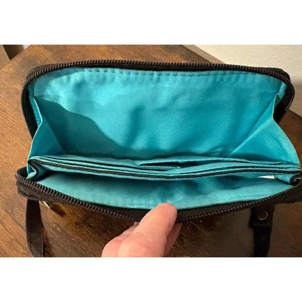 Travelon Wallet Clutch Wristlet Zip around Wrist Strap Black Turquoise Lining